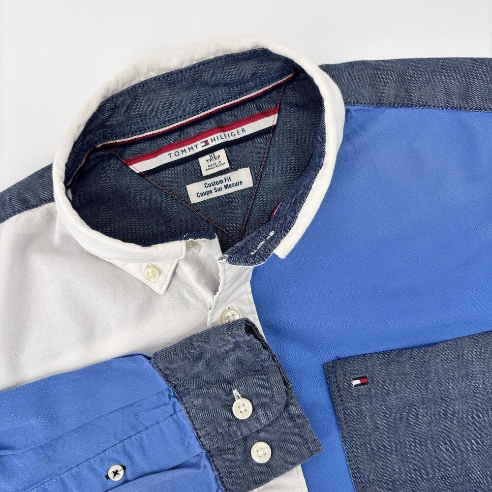 Tommy Hilfiger Men's XS Custom Fit Blue White Colorblock Cotton Shirt